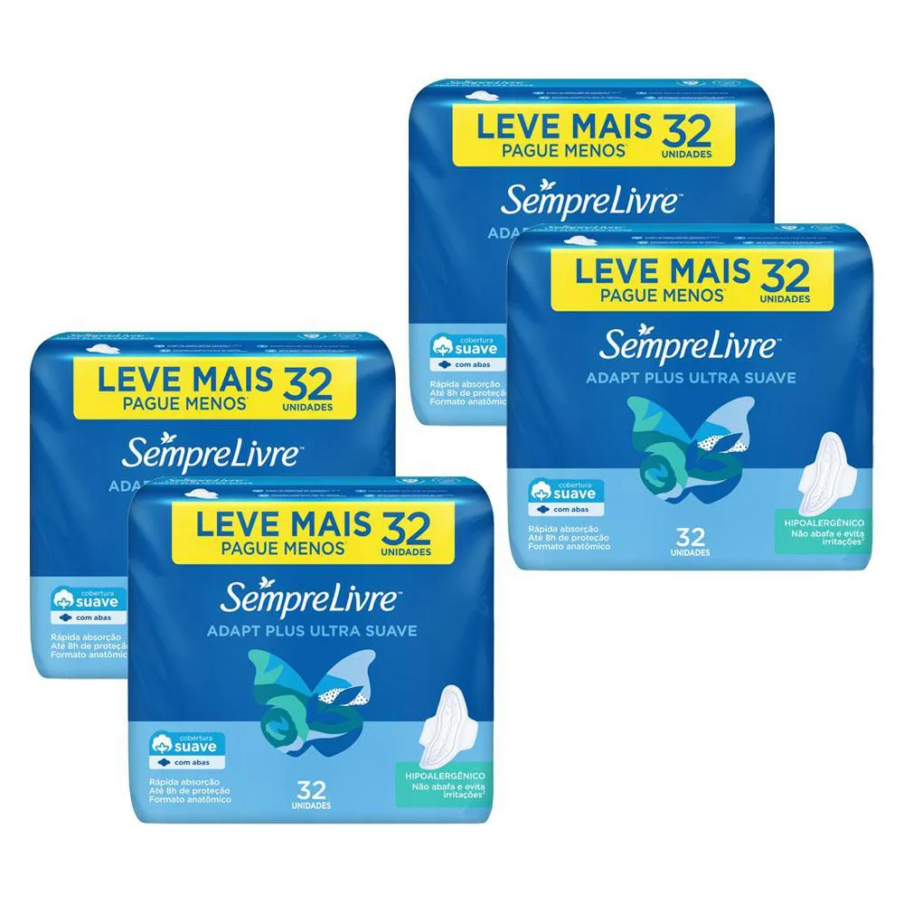 KIT 4 ABSORVENTES EXTERNO SEMPRE LIVRE ADAPT PLUS 32UN CADA