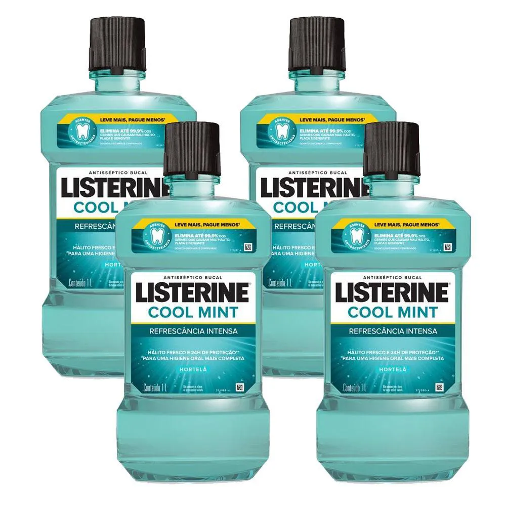 KIT 4 ENXAGUANTES BUCAIS LISTERINE COOL MINT REFRESCâNCIA INTENSA COM ÁLCOOL 1L CADA