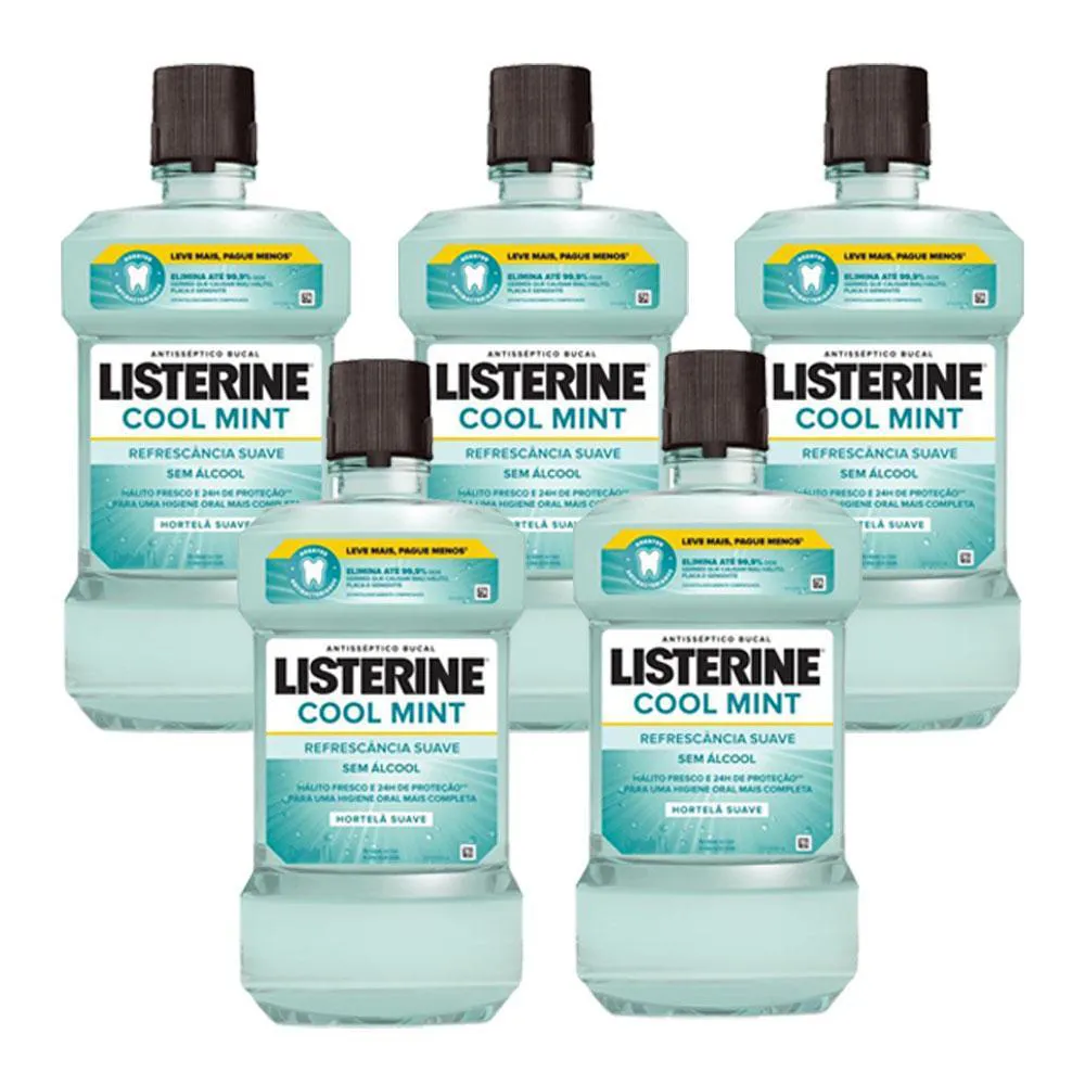 KIT 5 ENXAGUANTES BUCAIS LISTERINE COOL MINT REFRESCâNCIA SUAVE SEM ÁLCOOL 1L CADA