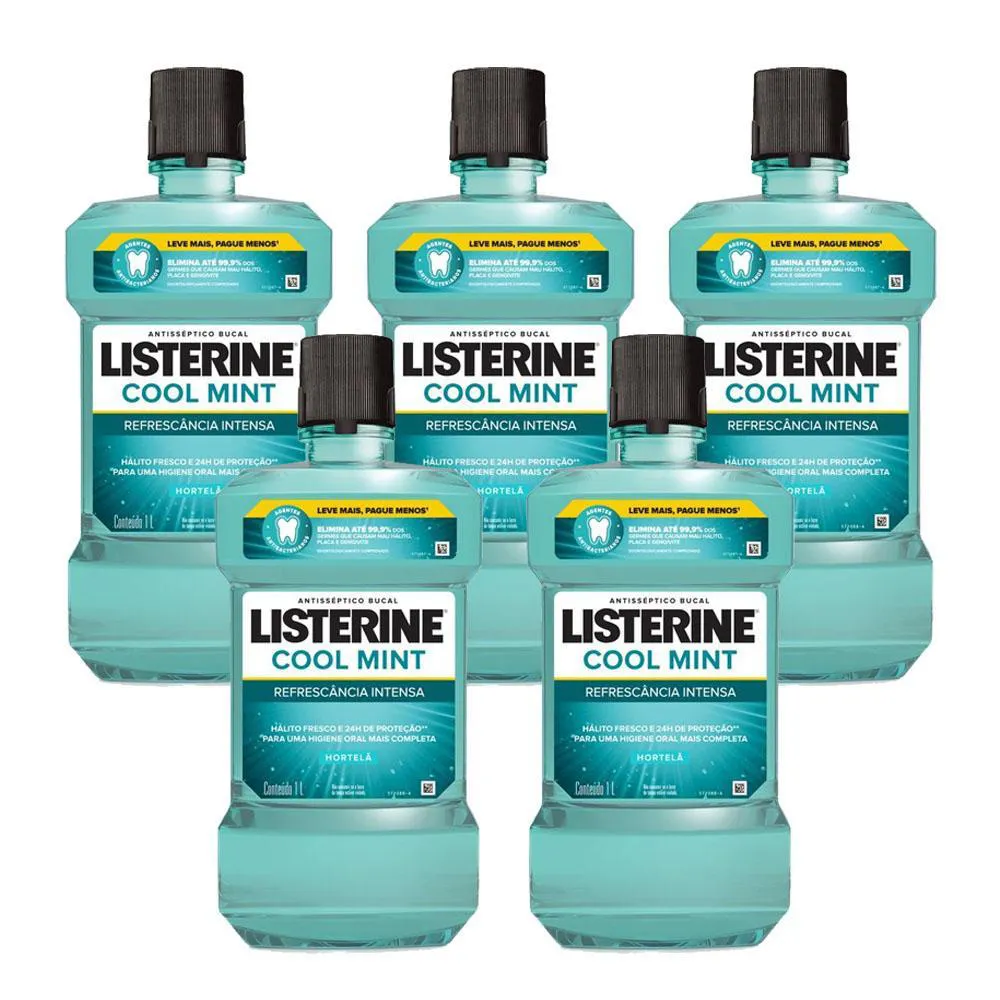 KIT 5 ENXAGUANTES BUCAIS LISTERINE COOL MINT REFRESCâNCIA INTENSA COM ÁLCOOL 1L CADA