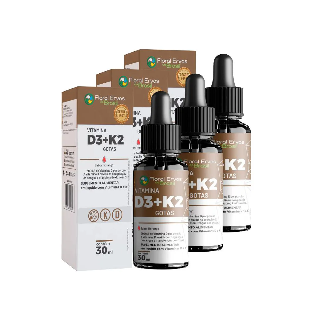 VITAMINA D3 E K2 GOTAS 30ML D3 + K2 SABOR MORANGO - 3 UNIDADES