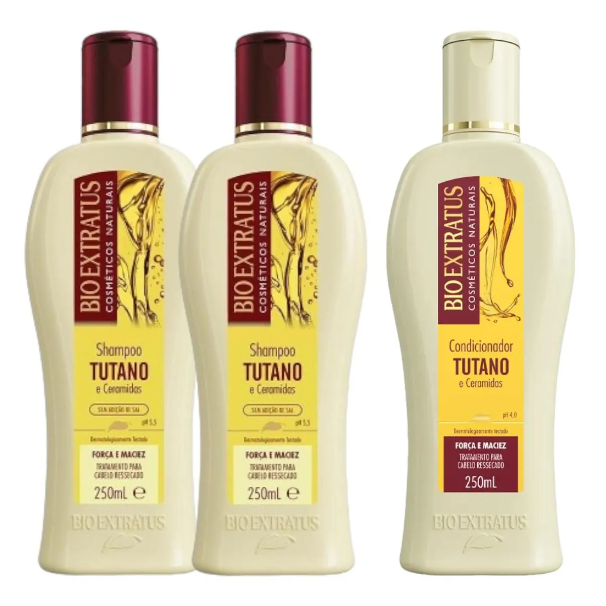 KIT 2 SHAMPOO 1 CONDICIONADOR FORçA E MACIEZ TUTANO 250 ML BIO EXT