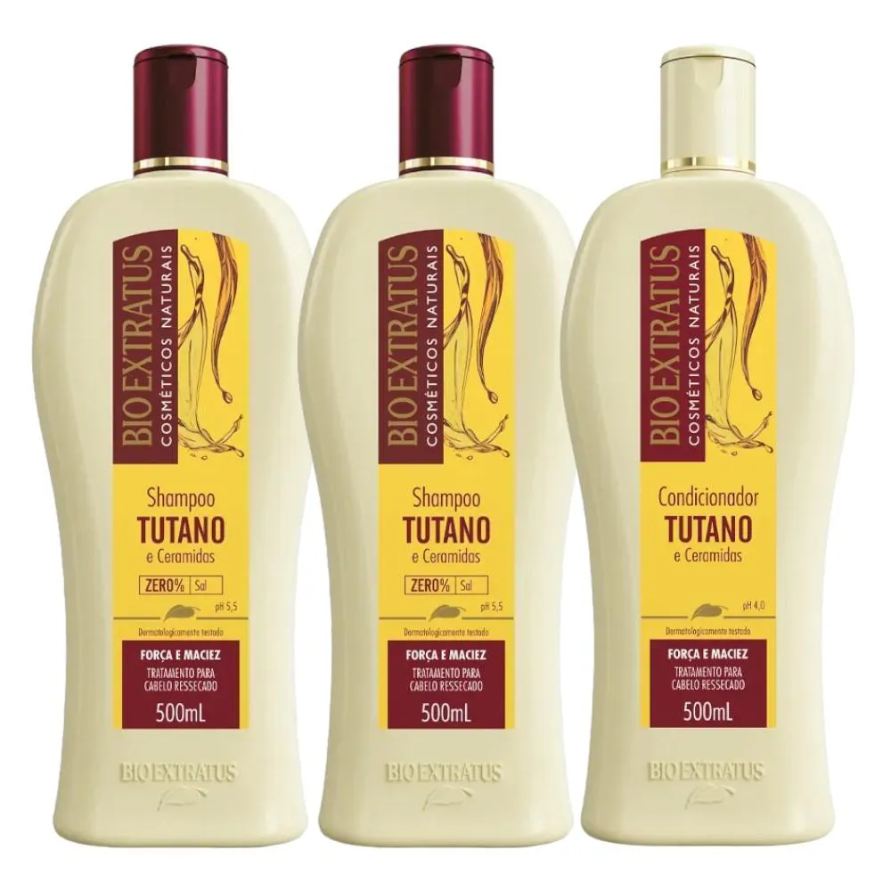 KIT 2 SHAMPOO 1 CONDICIONADOR FORçA E MACIEZ TUTANO 500 ML BIO EXTRATUS