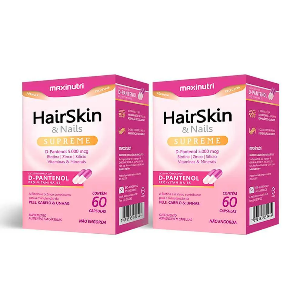 KIT 2 HAIRSKIN SUPREME D- PANTENOL BIOTINA + VITAMINAS 60 CáPS MAXINUTRI