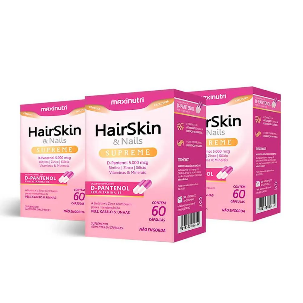 KIT 3 HAIRSKIN SUPREME D- PANTENOL BIOTINA + VITAMINAS 60 CáPS MAXINUTRI