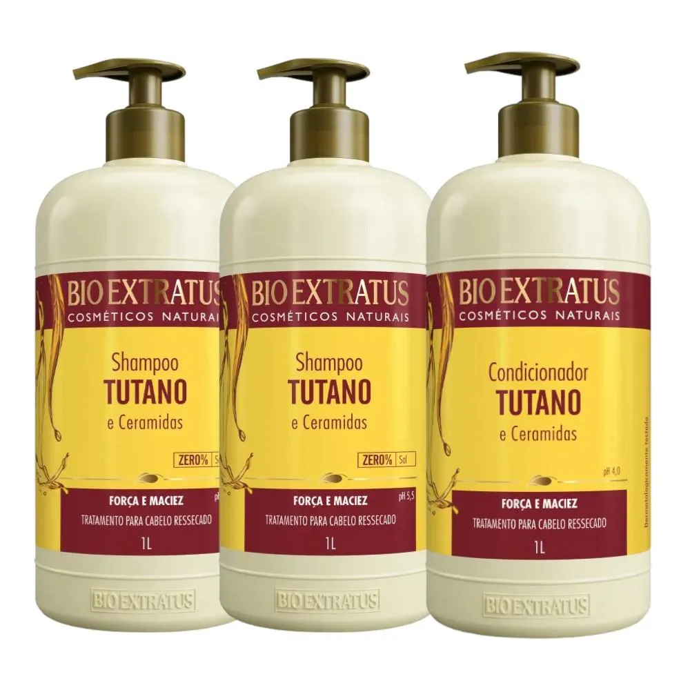KIT 2 SHAMPOO 1 CONDICIONADOR FORçA E MACIEZ TUTANO 1L BIO EXTRATUS