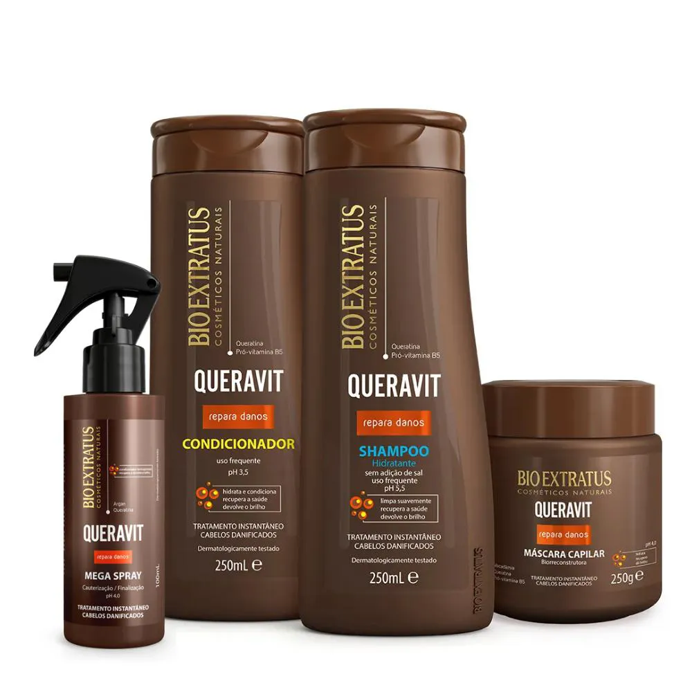 KIT BIO EXTRATUS QUERAVIT SHAMPOO CONDICIONADOR MáSCARA MEGA SPRAY