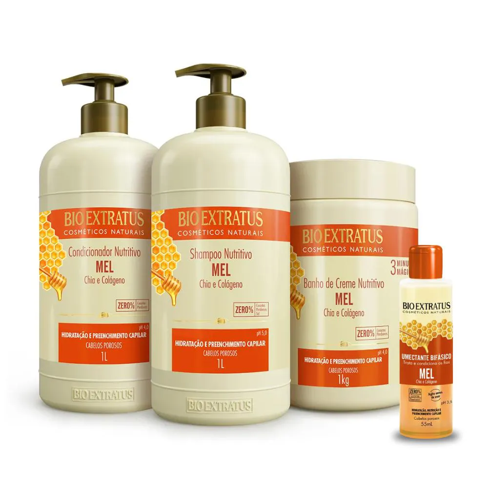 KIT BIO EXTRATUS MEL NUTRITIVO SHAMPOO CONDICIONADOR MáSCARA 1L UMECTANTE 55ML