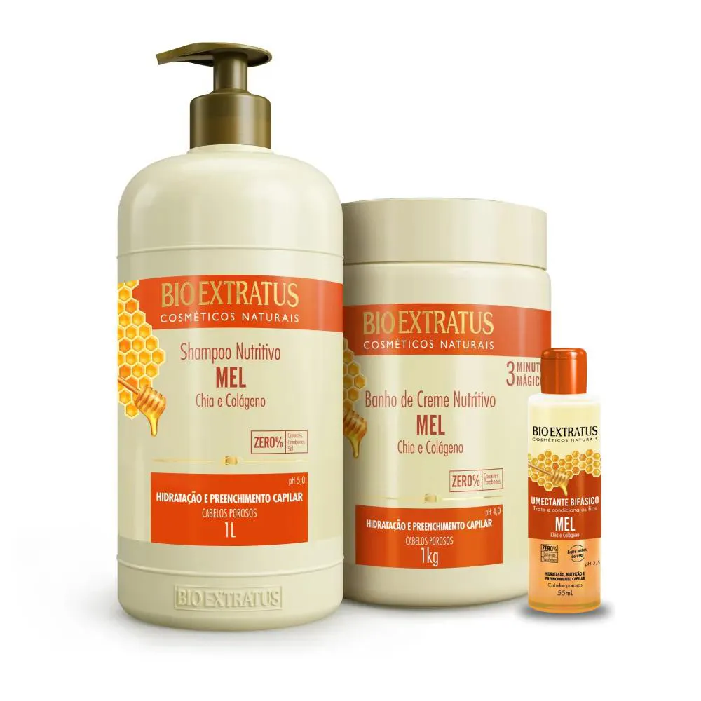 KIT BIO EXTRATUS MEL NUTRITIVO SHAMPOO MáSCARA 1L/KG UMECTANTE 55ML