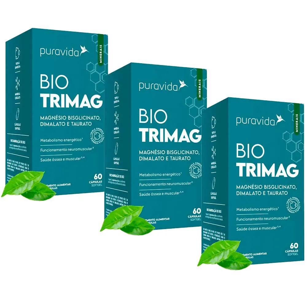 KIT 3X BIO TRIMAG MAGNéSIO BISGLICINATO + DIMALATO + TAURATO - 60 CAPSULAS - PURA VIDA
