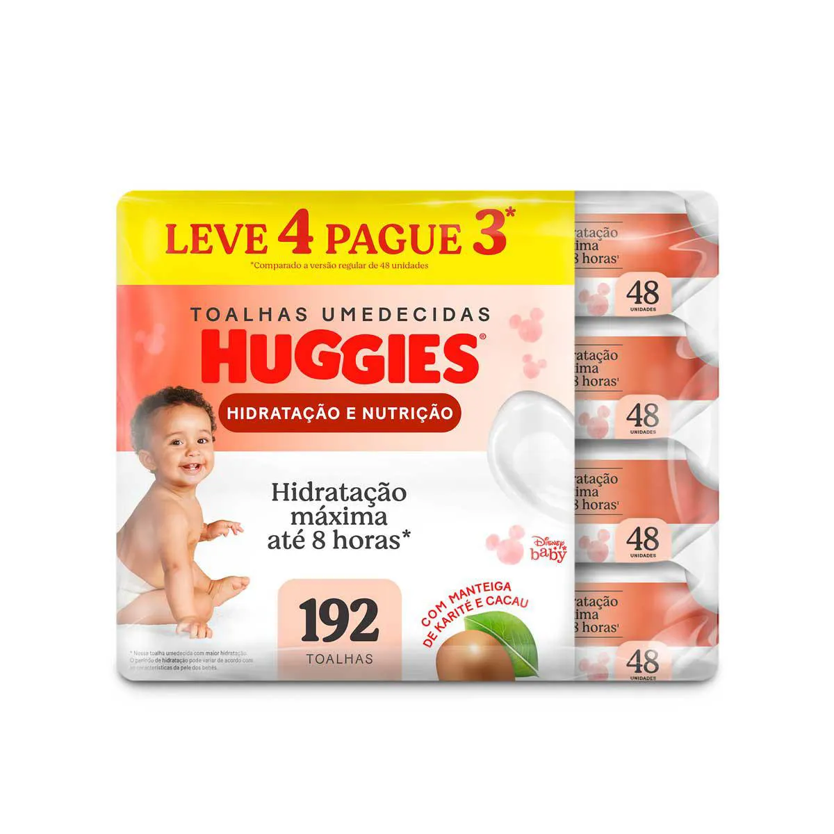 Kit Lenço Umedecido Huggies Disney Baby Hidratação e Nutrição Hipoalergênico Sem Álcool 48 unidades 4 pacotes