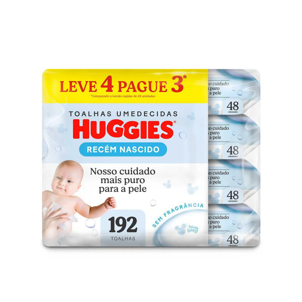 Kit Lenço Umedecido Huggies Recém Nascido Disney Baby Hipoalergênico Sem Fragrância 48 unidades 4 pacotes