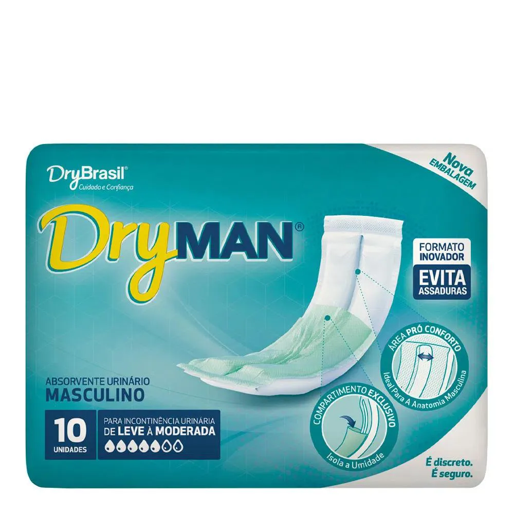 ABSORVENTE MASCULINO DRY MAN PACOTE COM 10 UNIDADES