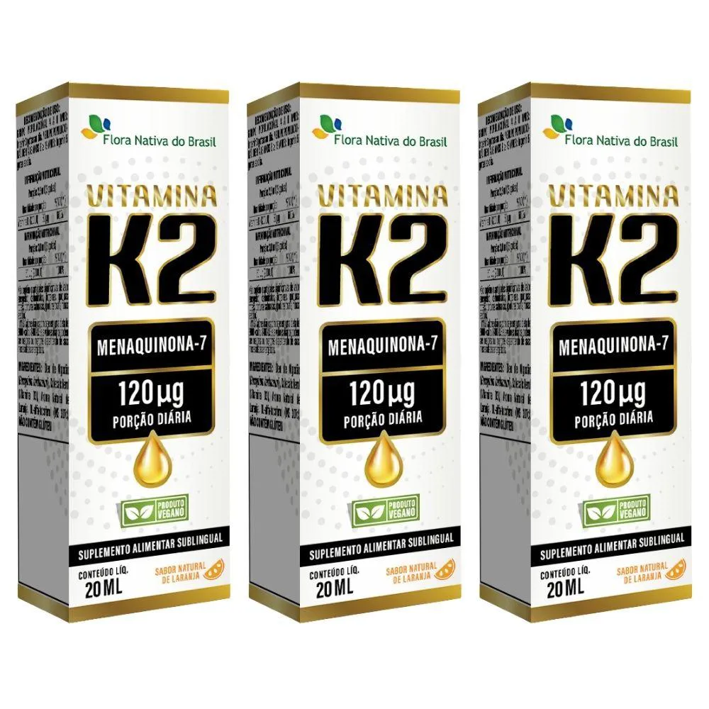 KIT 3X VITAMINA K2 EM GOTAS (MENAQUINONA-7) 120MCG 20ML - FLORA NATIVA SABOR:LARANJA
