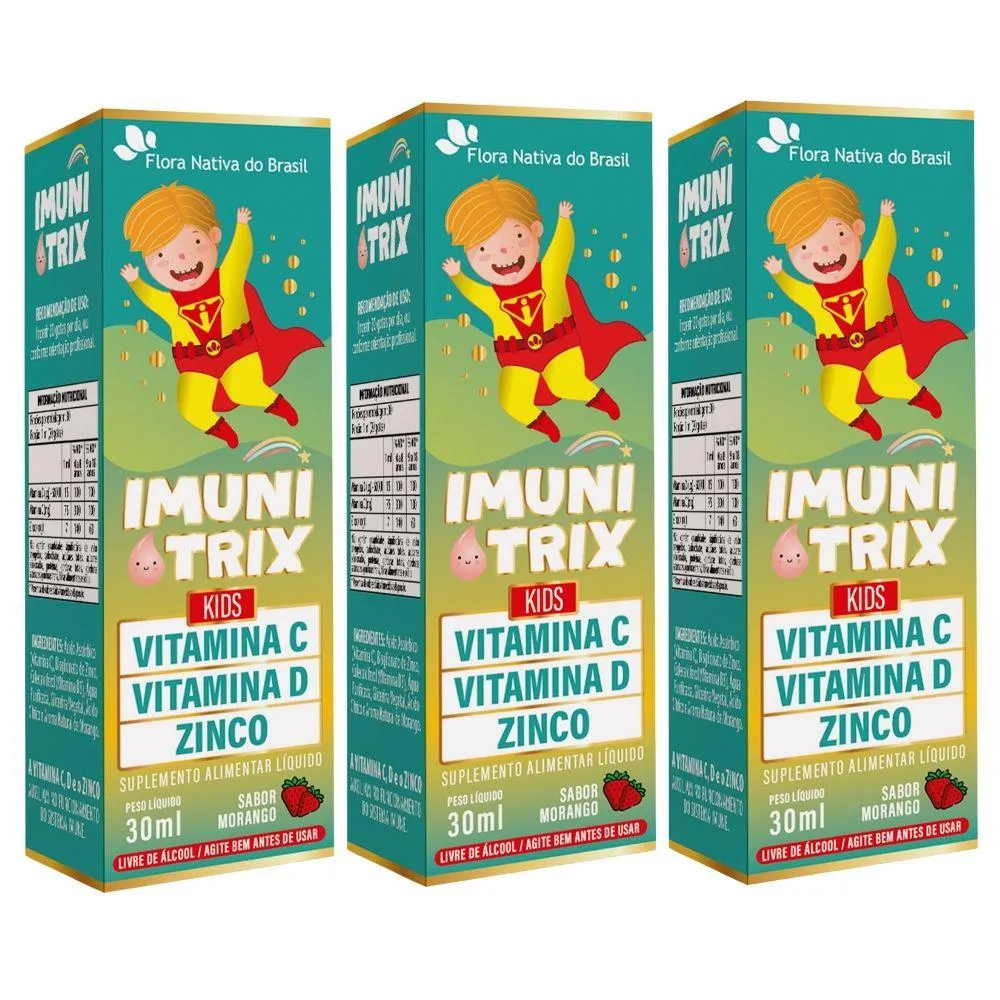 KIT 3X IMUNITRIX ( VITAMINA C, D3 E ZINCO) 30ML - FLORA NATIVA SABOR:MORANGO