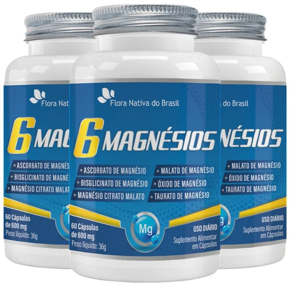 KIT 3X 6 MAGNéSIOS (TAURATO, MALATO, CITRATO, ASCORBATO, QUELATO E ÓXIDO) 60 CáPSULAS - FLORA NATIVA