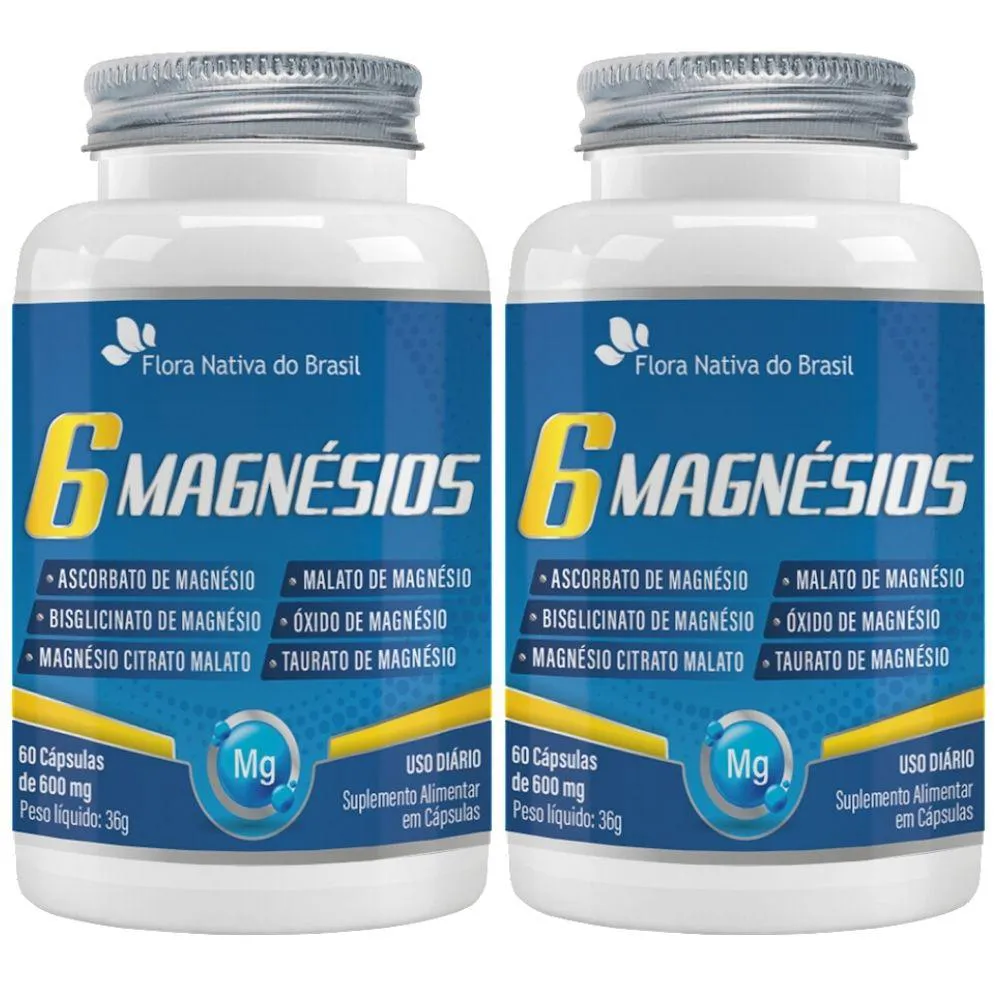 KIT 2X 6 MAGNéSIOS (TAURATO, MALATO, CITRATO, ASCORBATO, QUELATO E ÓXIDO) 60 CáPSULAS - FLORA NATIVA