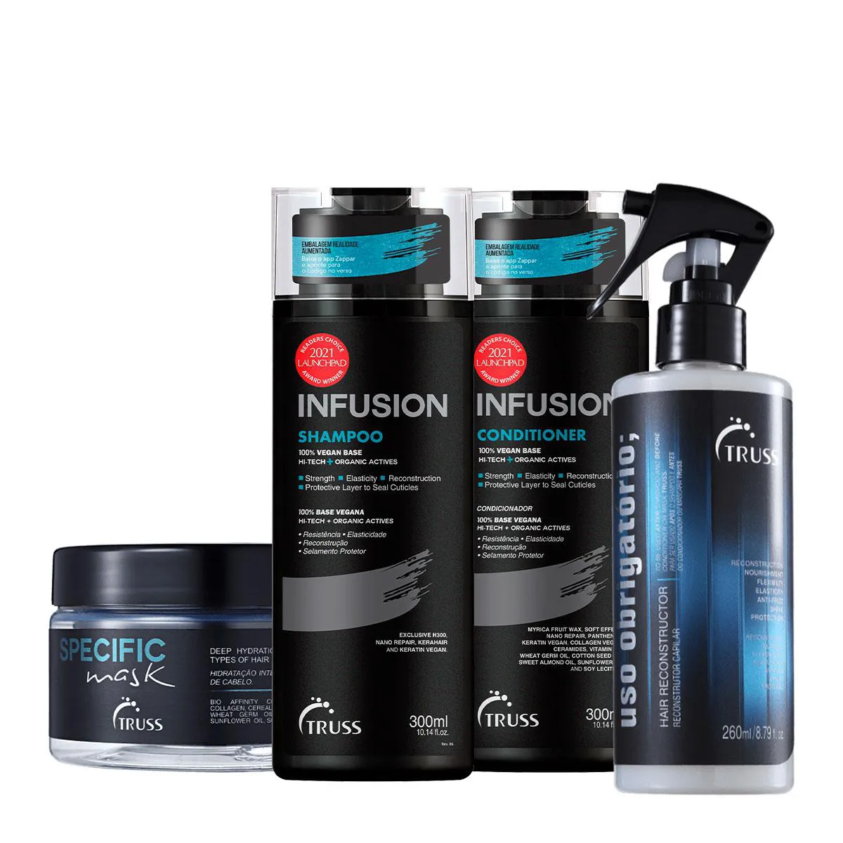 KIT TRUSS INFUSION SPECIFIC SHAMPOO CONDICIONADOR SPECIFIC MáSCARA E USO OBRIGATóRIO TRATAMENTO RECONSTRUTOR (4 PRODUTOS
