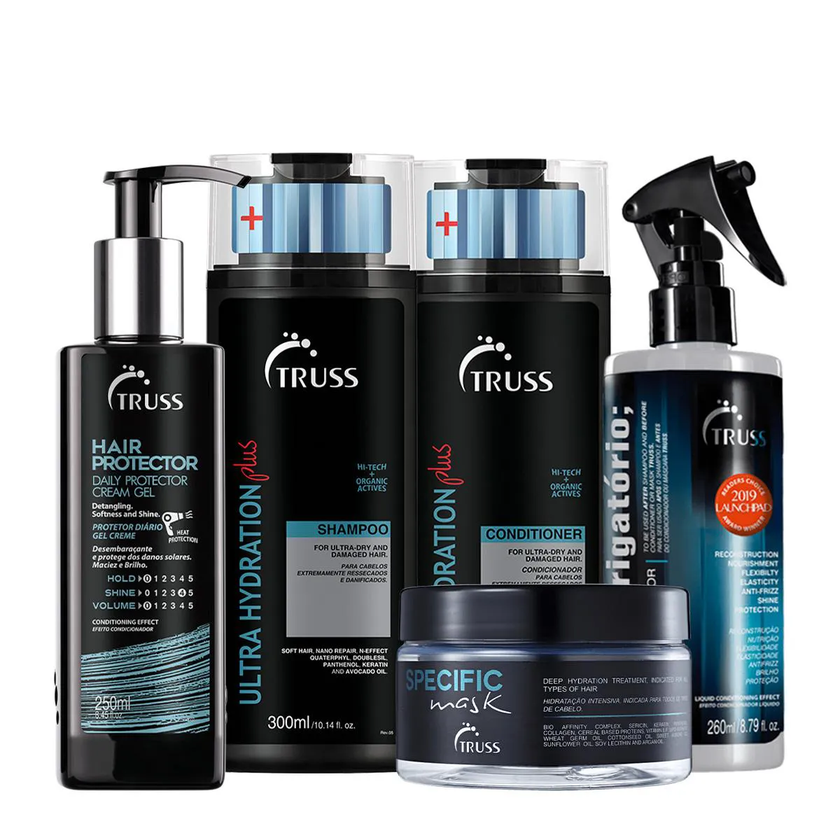 KIT TRUSS ULTRA HYDRATION PLUS SHAMPOO CONDICIONADOR SPECIFIC MáSCARA USO OBRIGATóRIO E HAIR PROTECTOR (5 PRODUTOS)