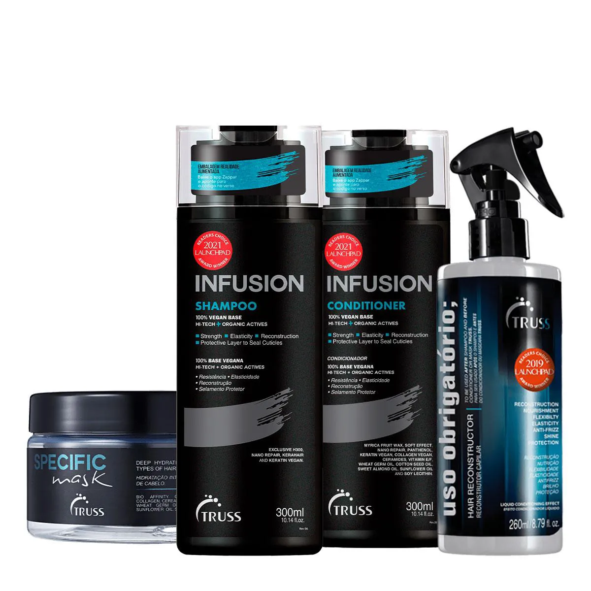 KIT TRUSS INFUSION SHAMPOO CONDICIONADOR USO OBRIGATóRIO SPRAY E SPECIFIC MáSCARA CAPILAR (4 PRODUTOS)