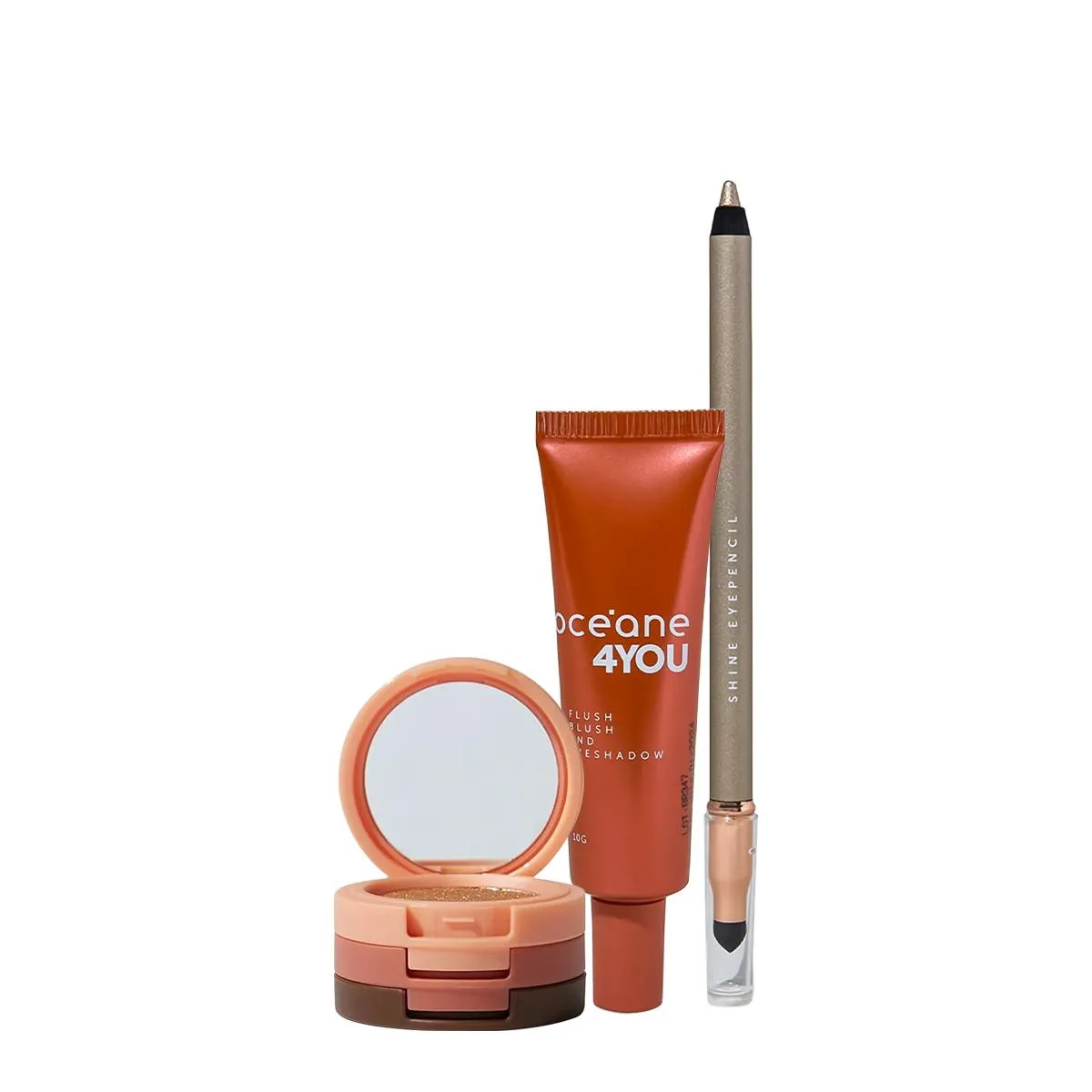 KIT OCéANE 4YOU TRIO DE SOMBRAS COOPER SHINE LáPIS DOURADO E BLUSH LíQUIDO LARANJA (3 PRODUTOS)