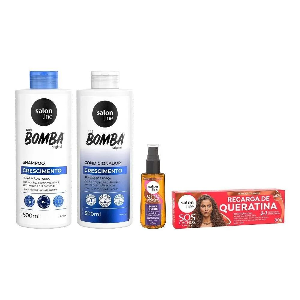 Kit Shampoo E Condicionador Sos Bomba Crescimento + Óleo Sos Cachos + Recarga De Queratina Sos Cachos