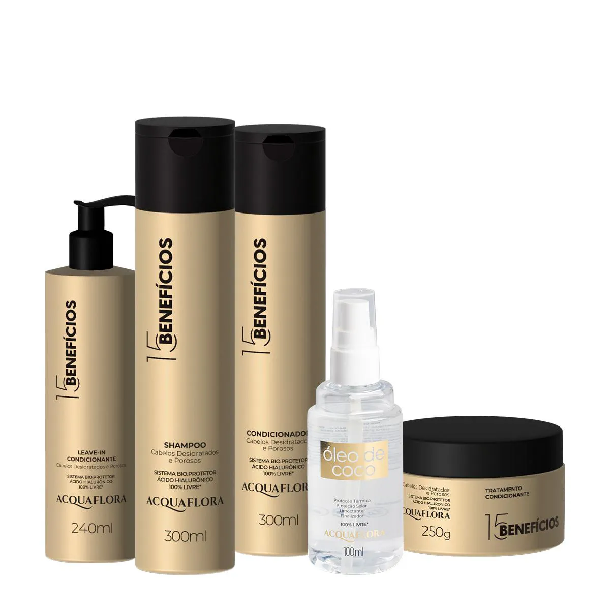 KIT ACQUAFLORA 15 BENEFICIOS SHAMPOO CONDICIONADOR MáSCARA  LEAVE-IN E ÓLEO DE COCO (5 PRODUTOS)