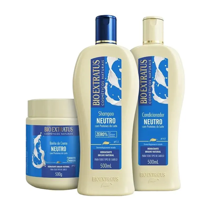 KIT 1 SHAMPOO 1 CONDICIONADOR 1 BANHO CREME BRILHO NATURAL NEUTRO 500 ML BIO EXTRATUS