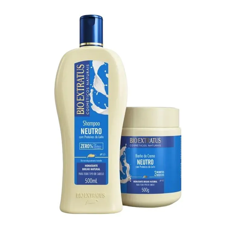 KIT 1 SHAMPOO 1 BANHO CREME BRILHO NATURAL NEUTRO 500ML BIO EXTRATUS