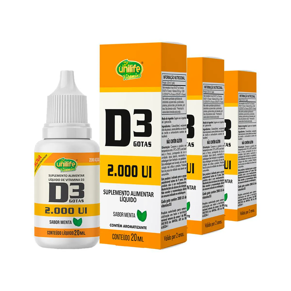 Kit Vitamina D 2000UI Unilife Gotas Menta 3 unidades 20ml