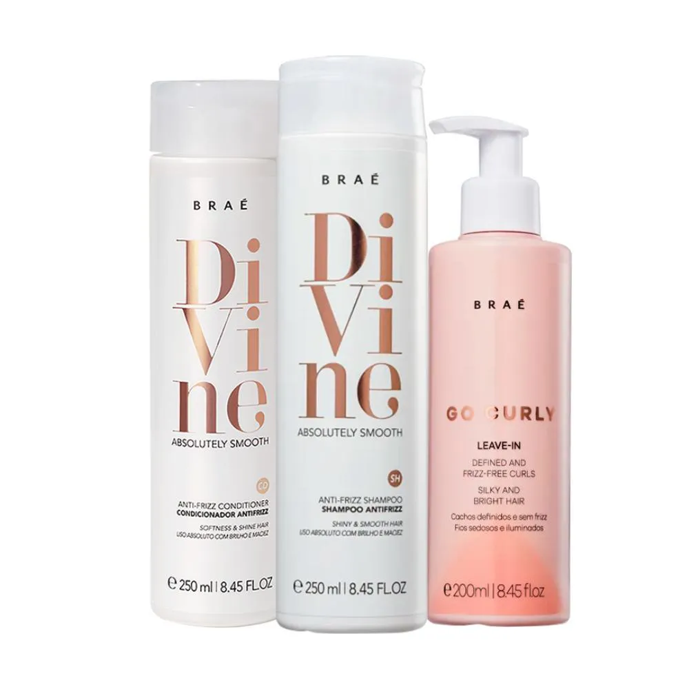 KIT BRAé DIVINE SHAMPOO 250ML, CONDICIONADOR 250ML, LEAVE-IN GO CURLY 200ML (3 PRODUTOS)