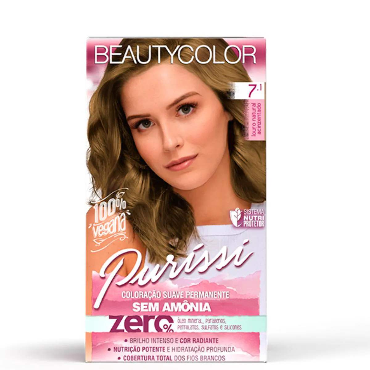 PURISSí COLORAçãO SUAVE PERMANENTE SEM AMôNIA 7.1 LOIRO NATURAL ACINZENTADO BEAUTYCOLOR