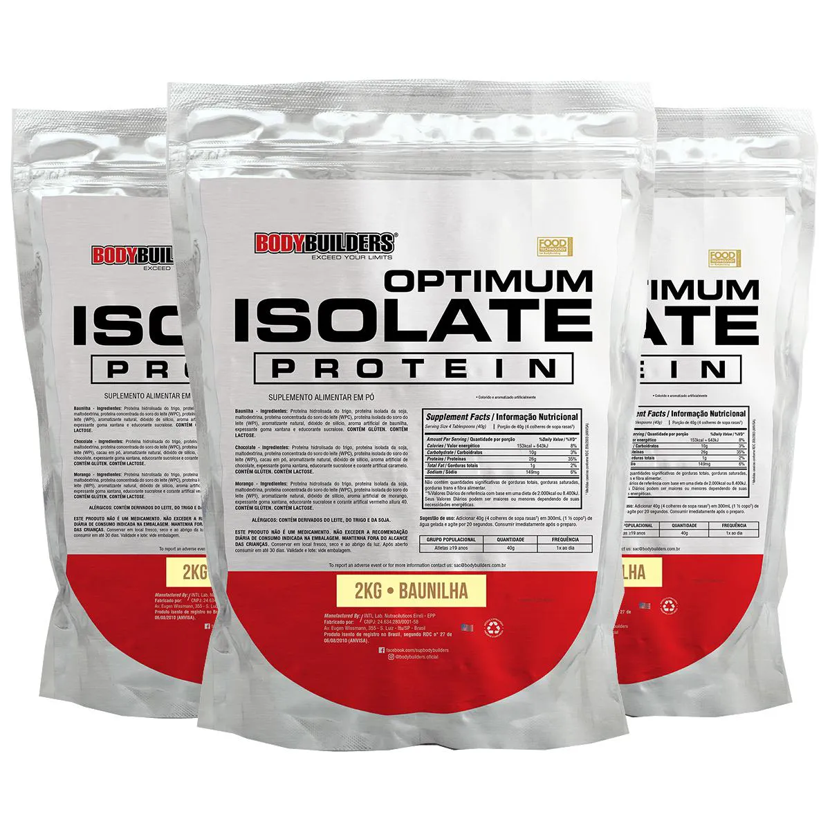 KIT 3X OPTIMUM ISOLATE WHEY PROTEIN 2KG - BODYBUILDERS  Baunilha