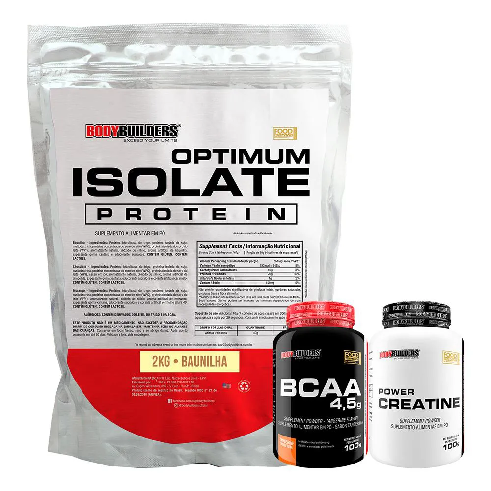 KIT OPTIMUM ISOLATE WHEY PROTEIN 2KG + BCAA 100G + POWER CREATINA 100G - BODYBUILDERS  Baunilha