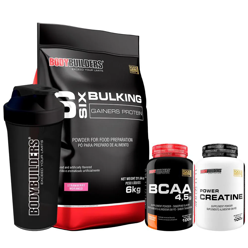 KIT HIPERCALóRICO 6 SIX BULKING 6KG + POWER CREATINA 100G + BCAA 4,5 100G + COQUETELEIRA – BODYBUILDERS  Morango