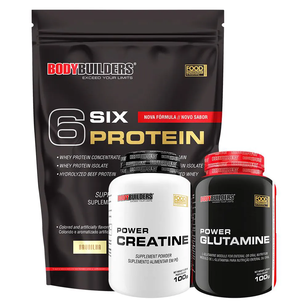 KIT 6 SIX PROTEIN 2KG + POWER CREATINA 100G + POWER GLUTAMINA 100G - BODYBUILDERS  Baunilha