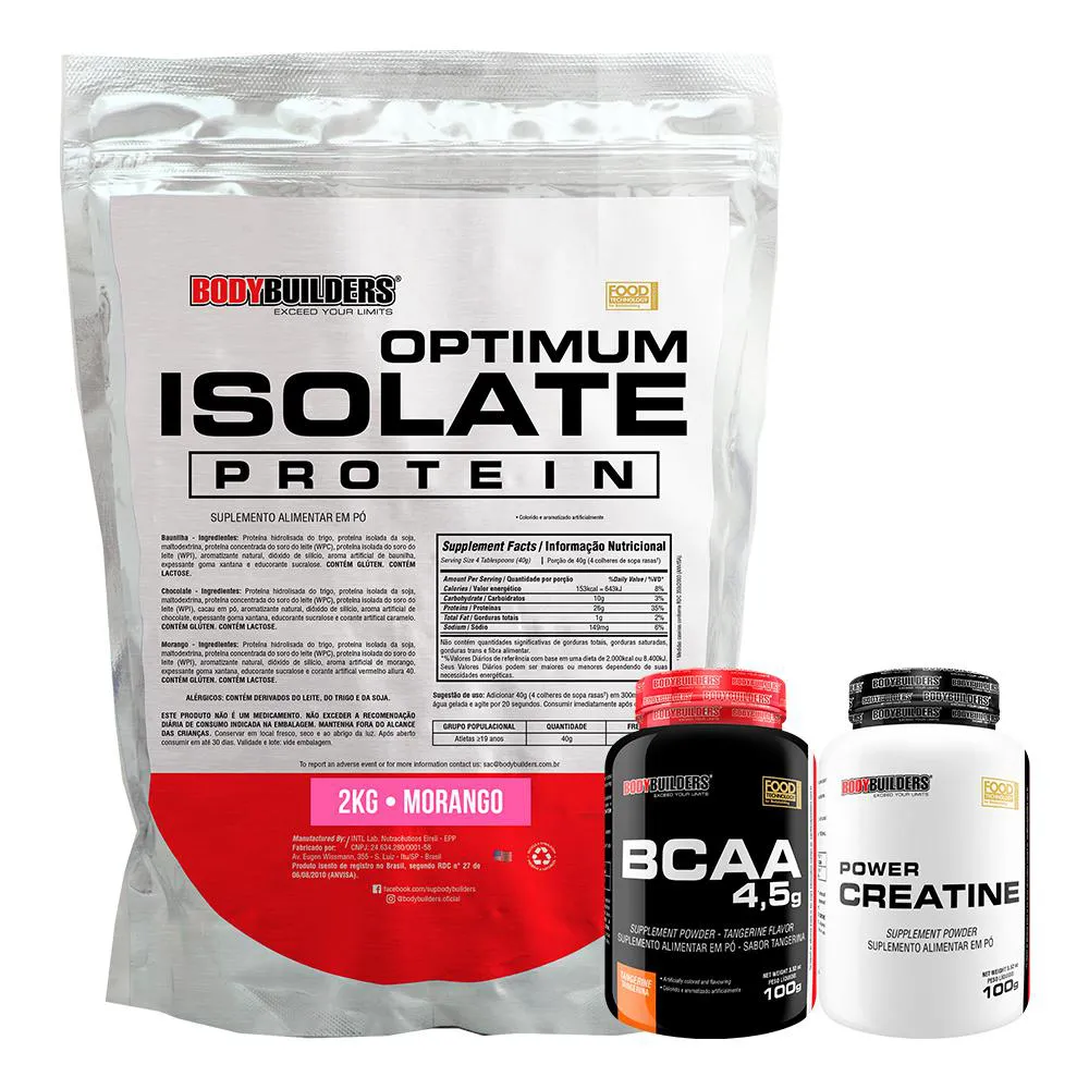 KIT OPTIMUM ISOLATE WHEY PROTEIN 2KG + BCAA 100G + POWER CREATINA 100G - BODYBUILDERS  Morango