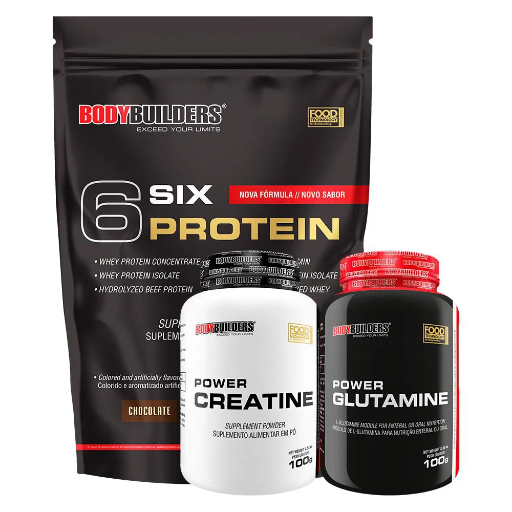 KIT 6 SIX PROTEIN 2KG + POWER CREATINA 100G + POWER GLUTAMINA 100G - BODYBUILDERS  Chocolate
