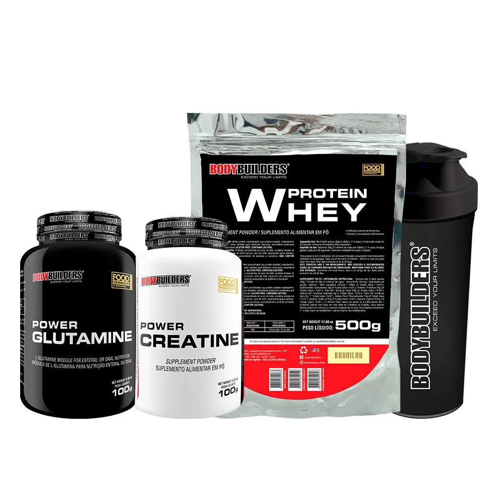 KIT WHEY PROTEIN 500G + POWER CREATINA 100G + POWER GLUTAMINA 100G + COQUETELEIRA - BOBYBUILDERS  Baunilha