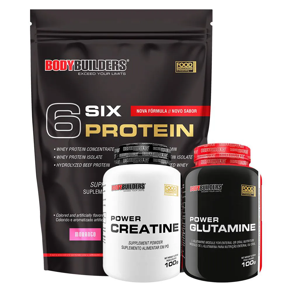 KIT 6 SIX PROTEIN 2KG + POWER CREATINA 100G + POWER GLUTAMINA 100G - BODYBUILDERS  Morango