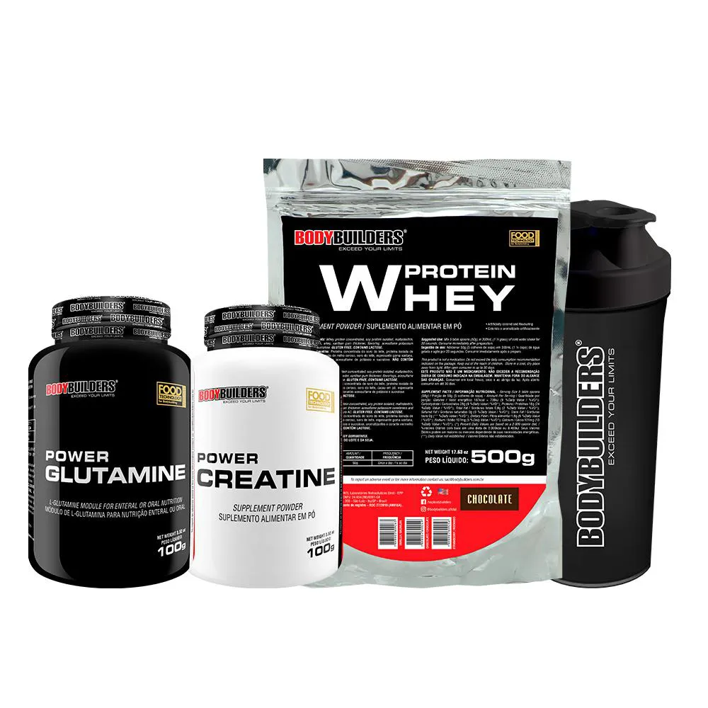 KIT WHEY PROTEIN 500G + POWER CREATINA 100G + POWER GLUTAMINA 100G + COQUETELEIRA - BOBYBUILDERS  Chocolate