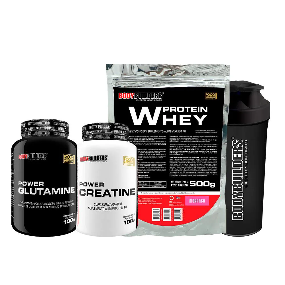 KIT WHEY PROTEIN 500G + POWER CREATINA 100G + POWER GLUTAMINA 100G + COQUETELEIRA - BOBYBUILDERS  Morango