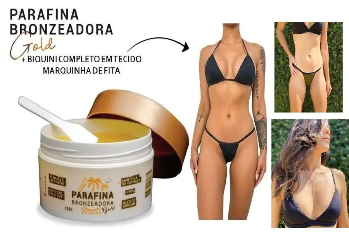KIT 01 PARAFINA BRONZEADORA GOLD 120G + 01 BIQUíNI MARQUINHA DE FITA + BODY CHAIN