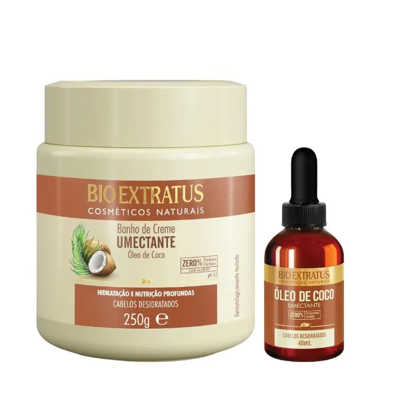 KIT UMECTANTE UMECTAçãO CAPILAR 1 BANHO DE CREME 250ML 1 ÓLEO CAPILAR DE COCO 40ML