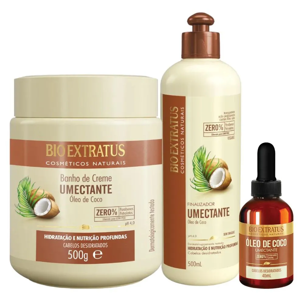 KIT UMECTANTE FINALIZAçãO E UMECTAçãO 1 BANHO 500ML 1 FINALIZADOR 500ML 1 ÓLEO CAPILAR DE COCO 40ML