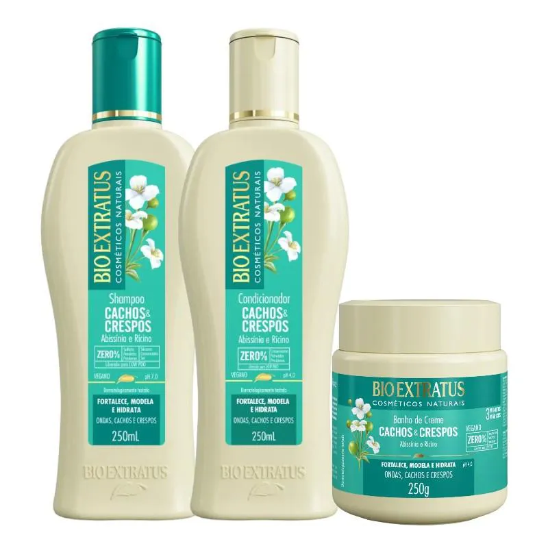 KIT 1 SHAMPOO 1 CONDICIONADOR 1 BANHO CREME CACHOS CRESPOS 250 ML