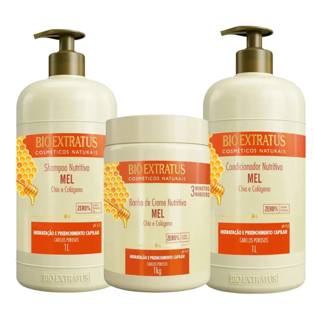 KIT 1 SHAMPOO 1 CONDICIONADOR 1 BANHO DE CREME MEL NUTRITIVO 1 BIO EXTRATUS
