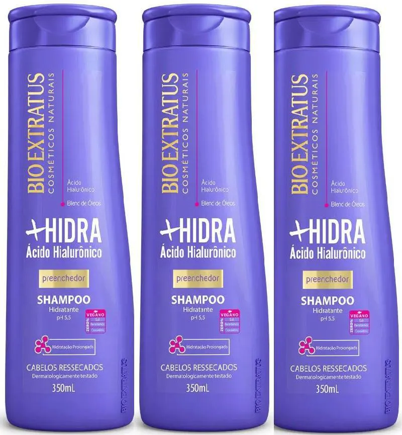 KIT 3 SHAMPOO LIMPEZA HIDRATANTE MAIS HIDRA 350 ML BIO EXTRATUS