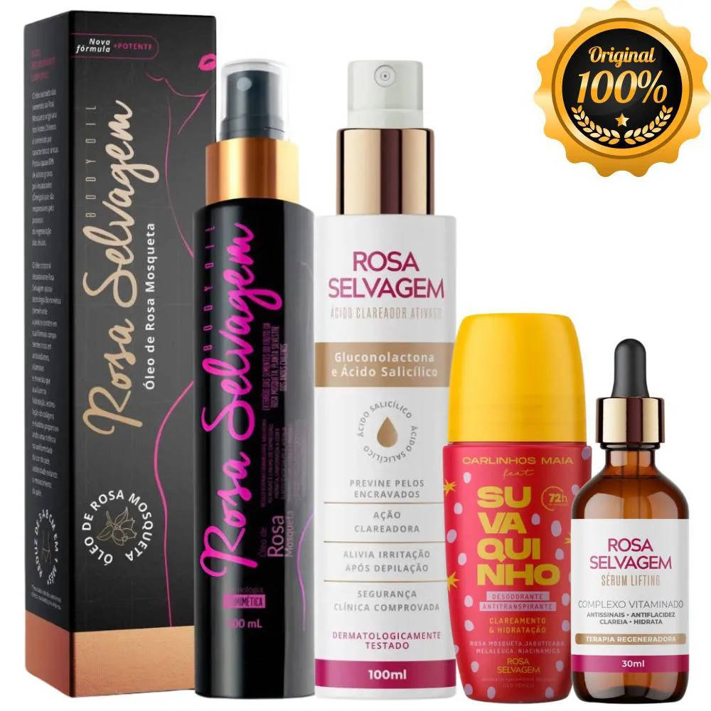 KIT ROSA SELVAGEM ÓLEO CORPORAL DESODORANTE ÁCIDO E SERUM
