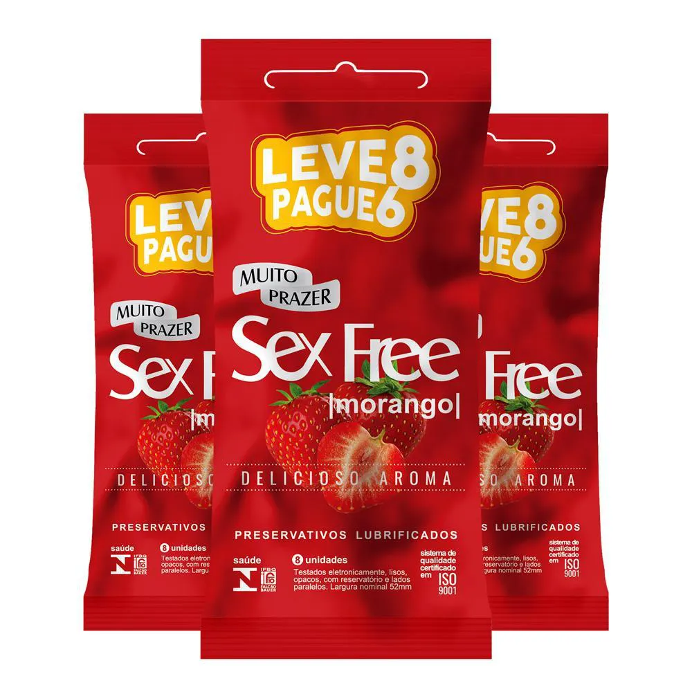 KIT 2 PRESERVATIVOS 8 UNIDADES DELICIOSO AROMA SEX FREE Morango